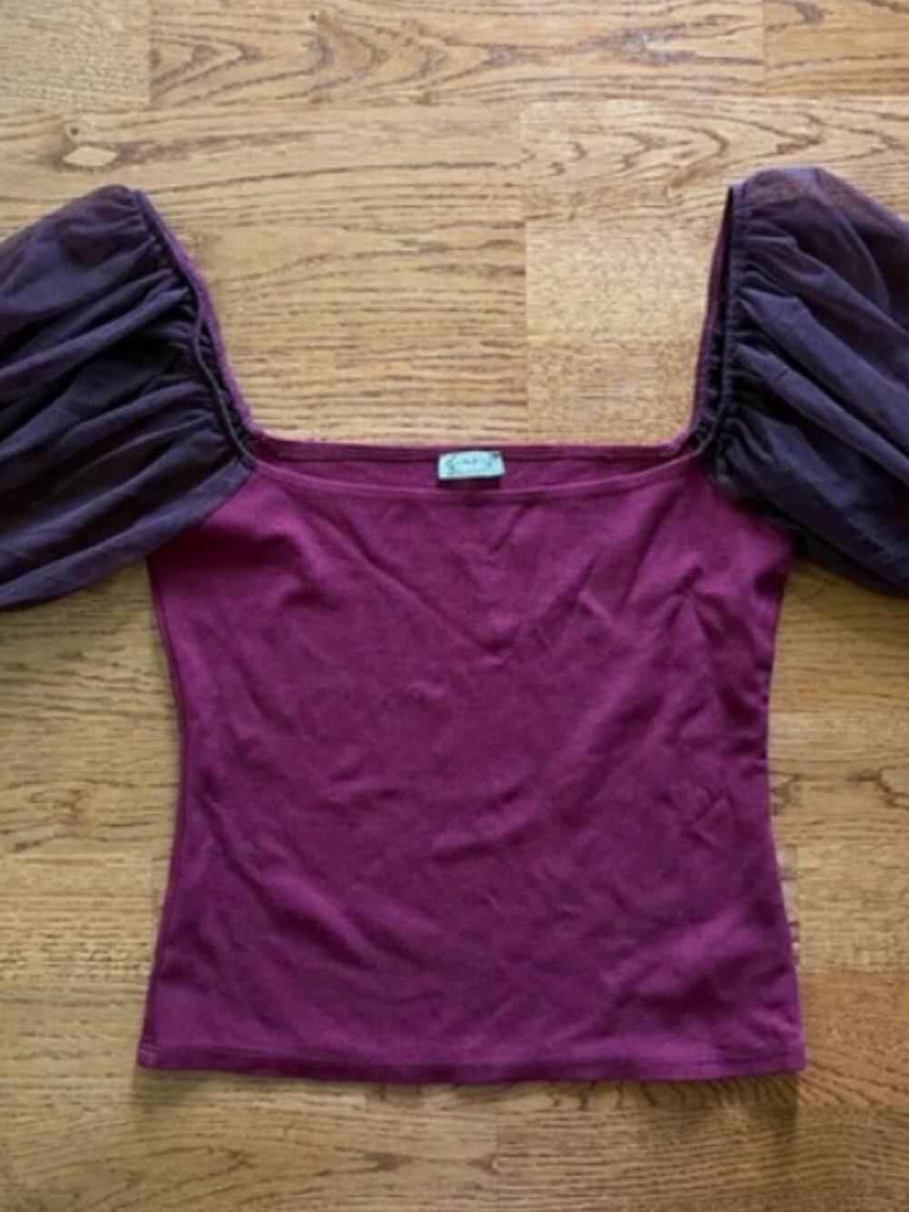 free people intimately puff sleeve cami top shirt mesh tulle burgundy xs wine